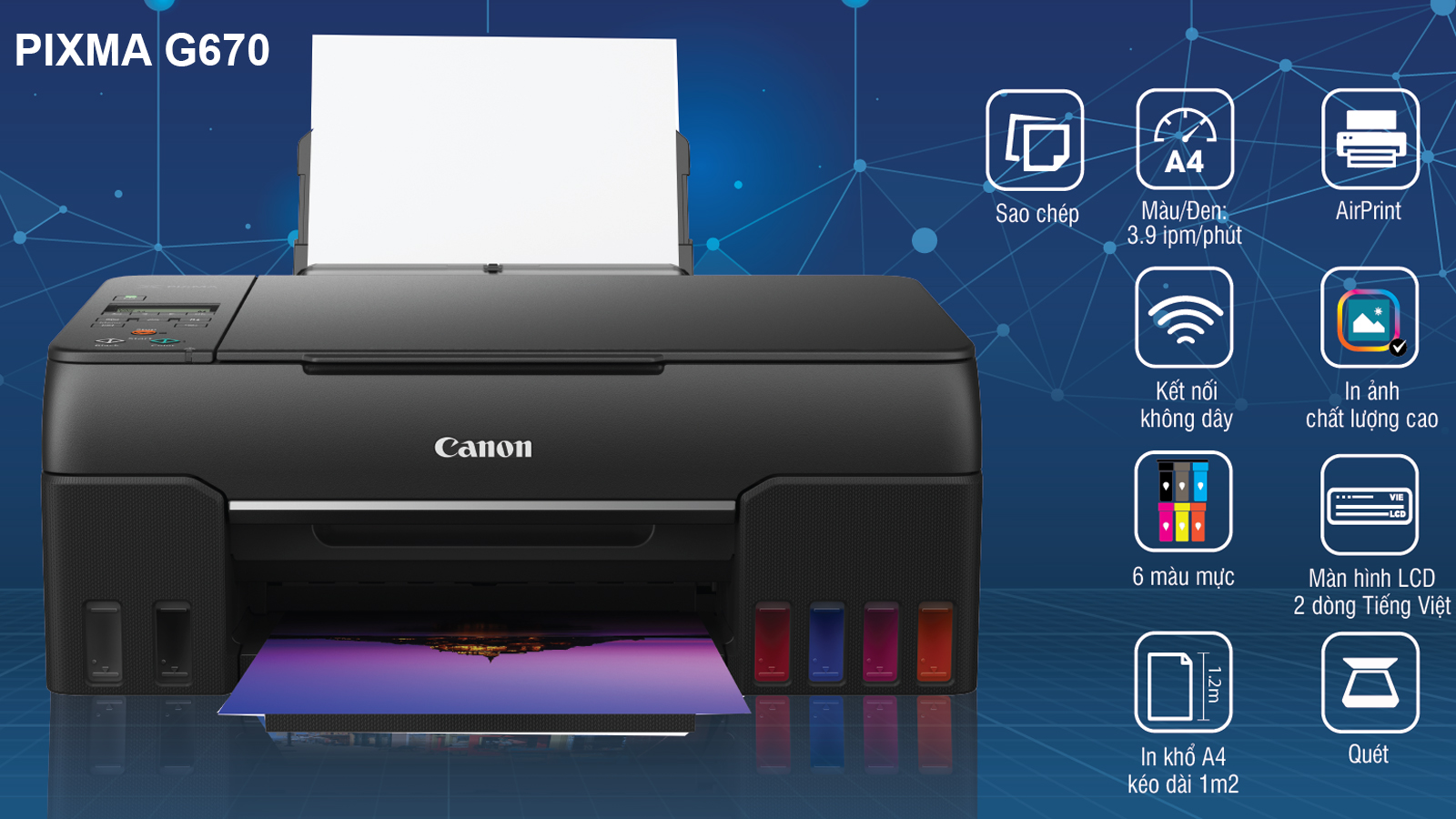 Máy in Canon PIXMA G670 in ảnh chất lượng cao với 6 màu mực độc quyền của Canon